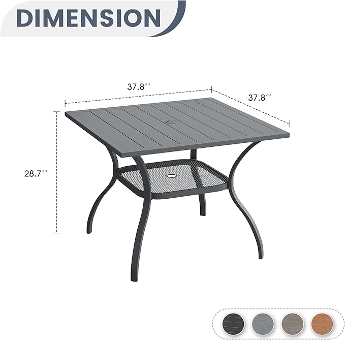 VICLLAX Outdoor Patio Dining Table for 4, Square Metal Table with Umbrella Hole and Storage Shelf for Garden, Lawn, Balcony, Deck, Dark Grey