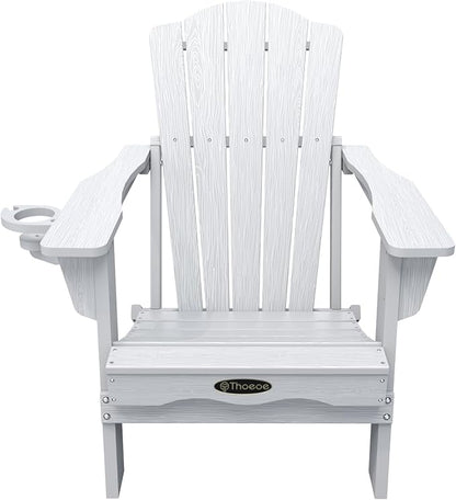 Folding Adirondack Chair,HDPE All-Weather Outdoor Chair with Cup Holder,Wooden Textured,Fire Pit Chair,Plastic Patio Chair for Deck,Backyard,Garden,Lawn(White)