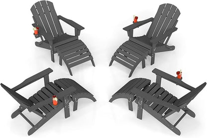 Adirondack Chair with Footrest Set of 4,Folding Adirondack Chair with Retractable Ottoman Set,HDPE All Weather Fire Pit Chair with Cup Holder,8-Piece(Grey, 4 Chair & 4 footrest)