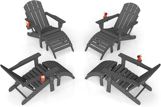 Adirondack Chair with Footrest Set of 4,Folding Adirondack Chair with Retractable Ottoman Set,HDPE All Weather Fire Pit Chair with Cup Holder,8-Piece(Grey, 4 Chair & 4 footrest)