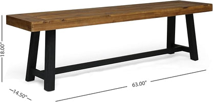 Merax 2-Piece Acacia Wood Outdoor Benches Set, 63" Rustic Patio Bench with Sandblast Teak Finish and H-Stretcher Design, Solid Hardwood Garden Bench for Dining, Porch, Fire Pit, Teak+Black