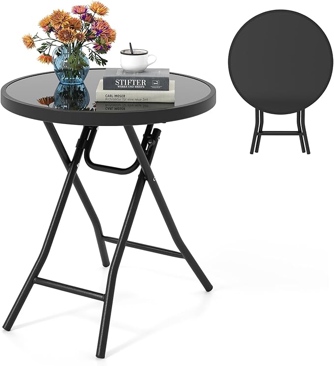 Giantex Folding Outdoor Side Table with Tempered Glass Tabletop & Metal Frame, Portable 18” Round End Table for Patio - Photo 1