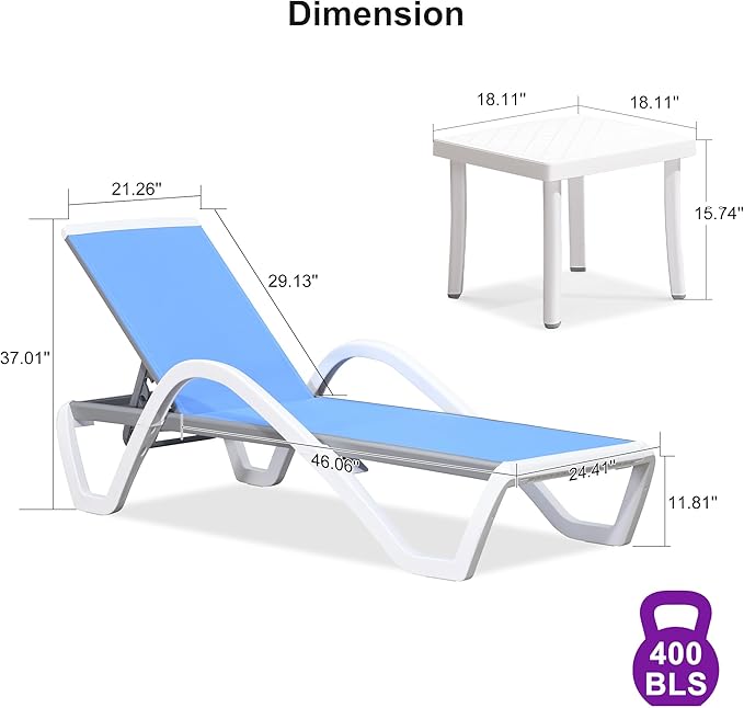 PURPLE LEAF Patio Chaise Lounge Chair Set Outside Aluminum Plastic Stackable Tanning Chairs with Armrests and Side Table for Pool Sunbathing Beach Deck Outdoor Lounger, Royal Blue