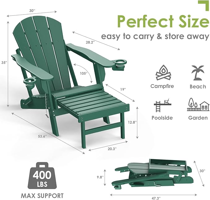 GREENVINES Adirondack-Chairs-with-Ottoman | Set of 4 | Folding | Retractable-Footrest | HDPE Plastic - Photo 2