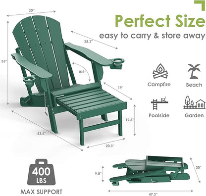 GREENVINES Adirondack-Chairs-with-Ottoman | Set of 4 | Folding | Retractable-Footrest | HDPE Plastic | All Weather Fire Pit Chair | Cup Holders | Forest | for Outdoor Poolside