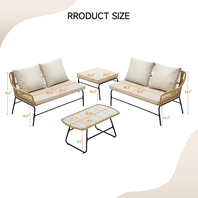 ONBRILL 4-Piece Outdoor Sectional Set, 4-Seats Wicker Patio Couch Sets with Cushion and Tempered Glass Coffee Table - Photo 2