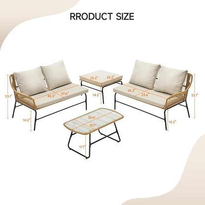 ONBRILL 4-Piece Outdoor Sectional Set, 4-Seats Wicker Patio Couch Sets with Cushion and Tempered Glass Coffee Table, L-Shaped, Olefin Fabric, Waterproof & UV Resistant, Beige