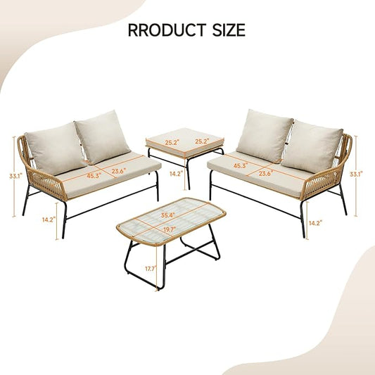 ONBRILL 4-Piece Outdoor Sectional Set, 4-Seats Wicker Patio Couch Sets with Cushion and Tempered Glass Coffee Table, L-Shaped, Olefin Fabric, Waterproof & UV Resistant, Beige