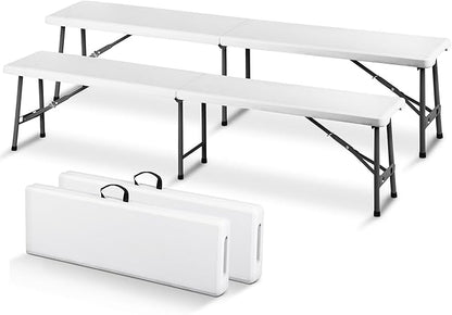 SUPER DEAL 6 FT Plastic Folding Bench, Portable Outdoor Bench with Handle & Non-Slip Mat, Waterproof Dining Seat for Picnic Party Garden Camping Soccer Field, 2 Pack, White