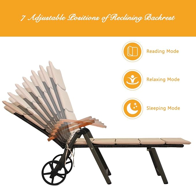 Tangkula Foldable Lounge Chair Outdoor, Wicker Chaise Lounge with Aluminum Frame, 7-Position Adjustable Reclining Pool Lounge Chairs with Wheels, Rattan Lounger with Cushion for Outside Patio Balcony