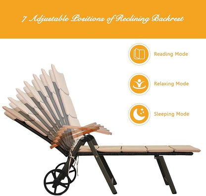 Tangkula Foldable Lounge Chair Outdoor, Wicker Chaise Lounge with Aluminum Frame, 7-Position Adjustable Reclining Pool Lounge Chairs with Wheels, Rattan Lounger with Cushion for Outside Patio Balcony