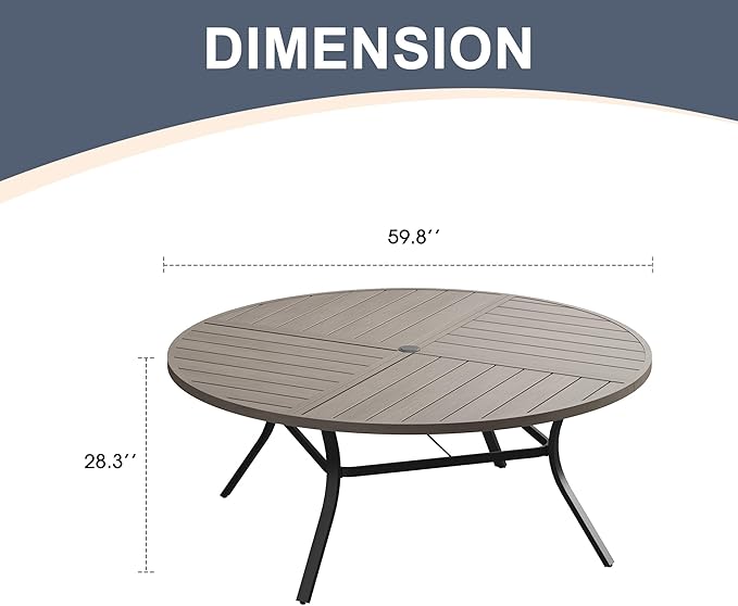 VICLLAX 60" Round Patio Dining Table for 8-10, All Weather Metal Outdoor Table with 1.57" Umbrella Hole and Surdy Frame for Garden Lawn Deck, Grey