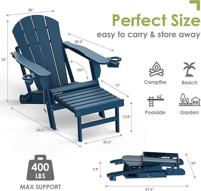 GREENVINES Adirondack-Chairs-with-Ottoman | Set of 6 | Folding | Retractable-Footrest | HDPE Plastic | All Weather Fire Pit Chair | Cup Holders | Blue | for Outdoor Poolside