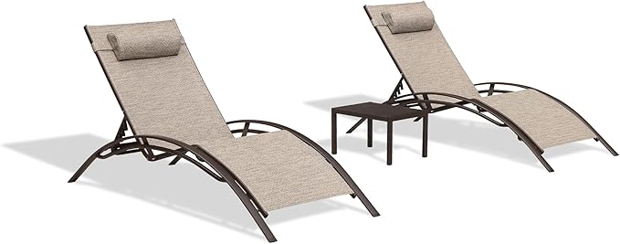 PURPLE LEAF Outdoor Oversized Chaise Lounge Chair Set of 3 Patio Pool Lounger Bronze Aluminum Chairs with Side Table Adjustable Tanning Recliner for Outside Backyard Yard Deck Beach Ivory Granite