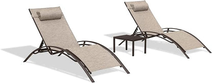 PURPLE LEAF Outdoor Oversized Chaise Lounge Chair Set of 3 Patio Pool Lounger Bronze Aluminum Chairs with Side Table Adjustable Tanning Recliner for Outside Backyard Yard Deck Beach Ivory Granite