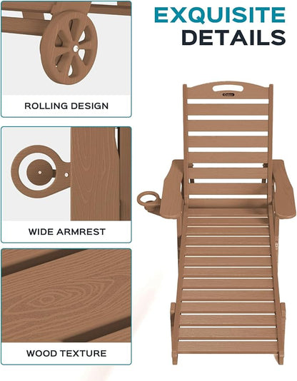 Ciokea Lounge Chair Outdoor, Oversized Chaise Lounge Chair with 5 Positions, HDPE, Patio Lounge Chair with Wheels & Cup Holder for Pool, Deck, Poolside, Teak