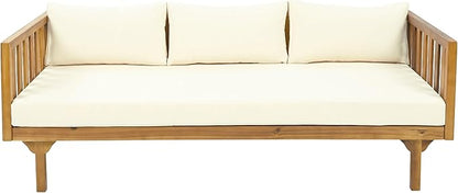 Merax Outdoor Acacia Wood Conversation Set, 3-Seat Loveseat Sofa w/Coushion and Round Coffee Table for Backyard, Patio Furniture, Teak+Beige