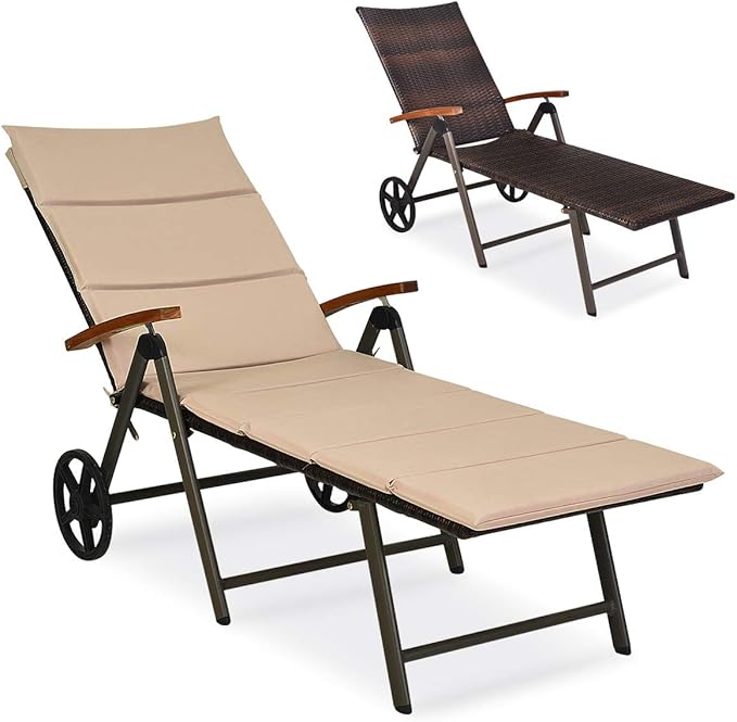 COSTWAY Folding Rattan Lounge with Wheels, Aluminum Patio Lounger with 7 Adjustable Positions, Soft Cushion - Photo 1