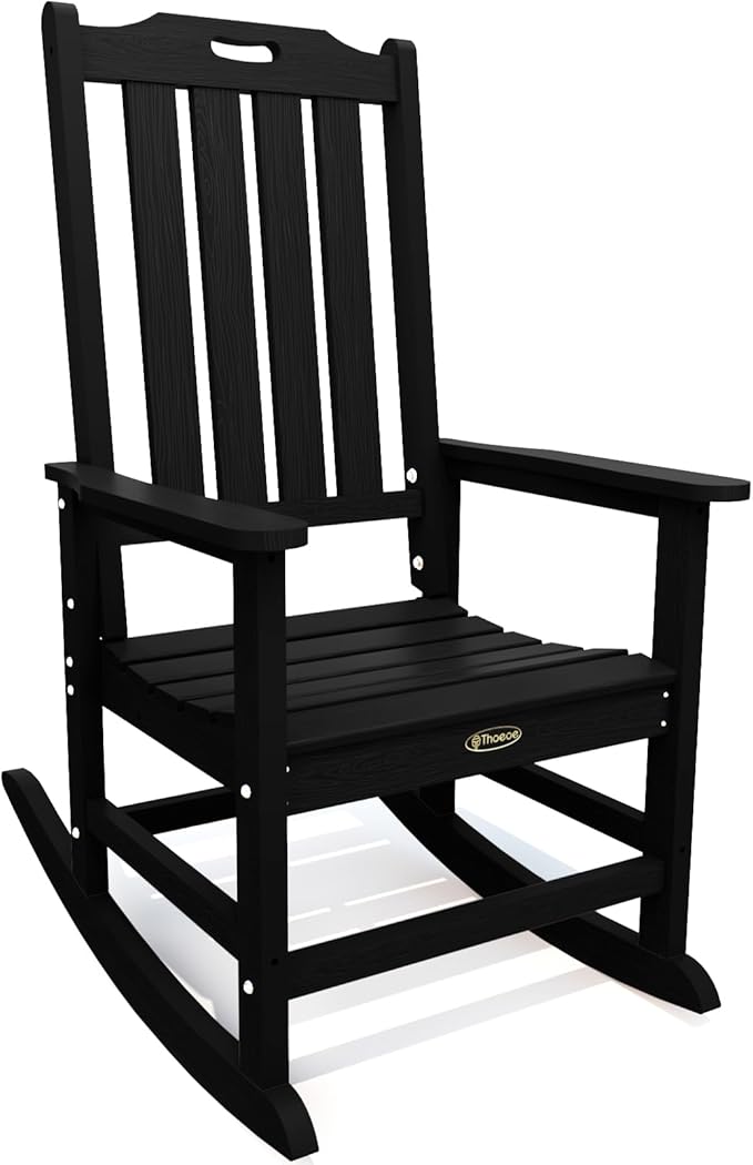 Oversized Rocking Chair, Outdoor Rocking Chair for Adults, All Weather Resistant Porch Rocker for Lawn Garden, Black