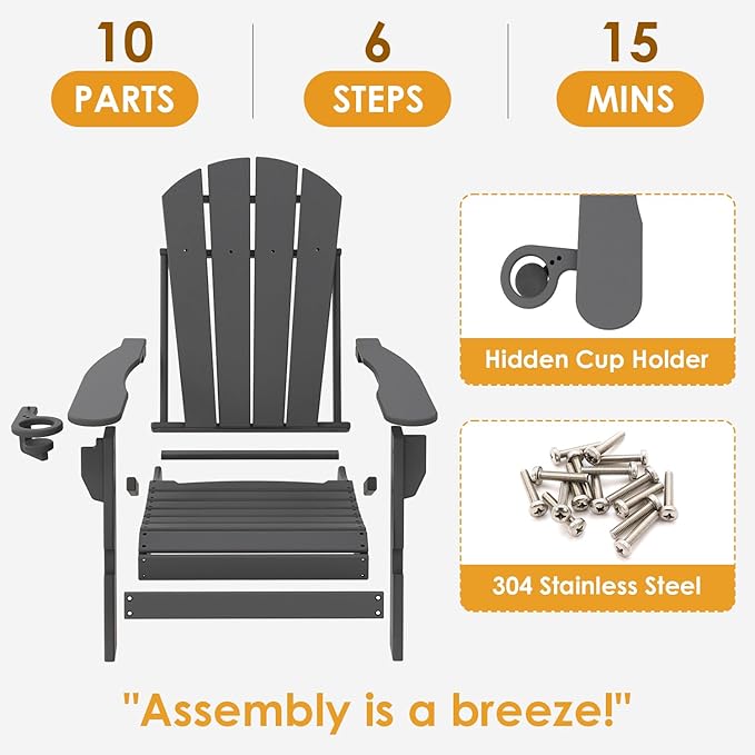IVY&LANE Folding-Adirondack-Chair | HDPE Plastic | Outdoor Fire Pit Chairs with Cup Holder | Grey | Poly | Weather Resistant | for Patio Deck Poolside Garden Beach