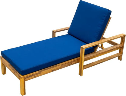 Outdoor Acacia Wood Chaise Lounges with Adjustable Backrest and Cushion, Patio Reclining Lounge Chair for Porch Backyard Balcony Poolside (Natural+ Blue)