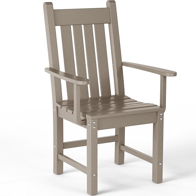 Costaelm Patio Dining Chairs, Plastic Outdoor Adirondack Chair with Arm, HDPE Poly Lumber, Waterproof Restaurant Bistro Dining Chair for Outside Porch Backyard Garden, Weathered Wood
