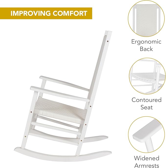 Shine Company Hampton Porch Rocker, High Back Wood Rocking Chair, Rattan Backrest & Seat, White