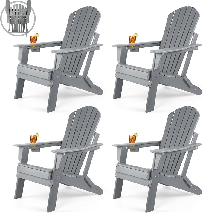 FUNBERRY Folding Adirondack Chair Set of 4, HDPE All Weather Fire Pit Chairs with Cup Holder for Outdoor