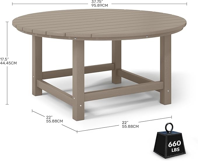 Costaelm Patio Conversation Table, Tatio Accent HDPE Outdoor Weather Resistant, Round Outdoor Porch Balcony Patio Drink Table for Outside, Pool, Backyard, Weathered Wood