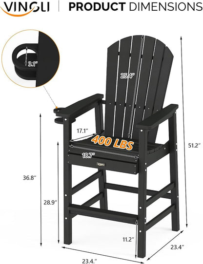 VINGLI Tall Adirondack Chair, All-Weather Plastic Adirondack Chair with Cup Holder Heavy-Duty Outdoor Barstools for Patio, Pool, Balcony,Backyard (Black, 1 PCS)