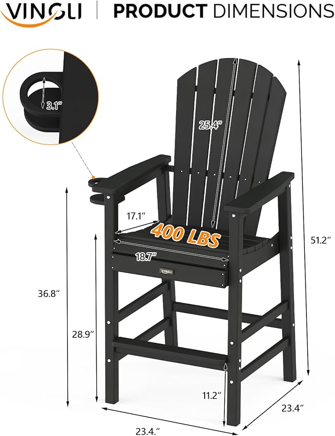 VINGLI Tall Adirondack Chairs Set of 2, All-Weather Plastic Adirondack Chair with Cup Holders - Photo 3