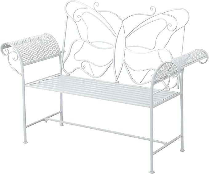 Small Outdoor Bench for Porch Metal Garden Benches with Butterflies Pattern Backrest and Armrests for Garden, Porch, Yard (White, Black, Blue) (Color : White)