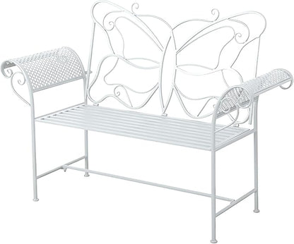 Small Outdoor Bench for Porch Metal Garden Benches with Butterflies Pattern Backrest and Armrests for Garden, Porch, Yard (White, Black, Blue) (Color : White)