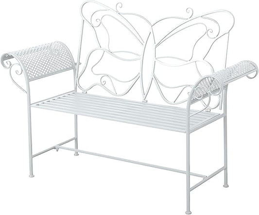 Small Outdoor Bench for Porch Metal Garden Benches with Butterflies Pattern Backrest and Armrests for Garden, Porch, Yard (White, Black, Blue) (Color : White)