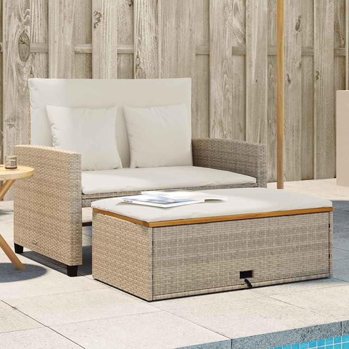 vidaXL Patio Sofa with Cushions - 2-Seater Beige Poly Rattan & Acacia Wood - Convertible Bench/Sofa Bed - Outdoor - Photo 2