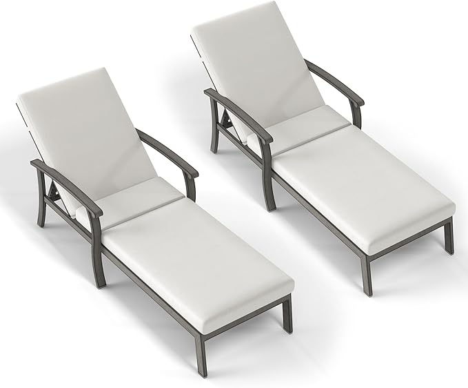 Chaise Lounge Chairs Set of 2, Patio Aluminum Chaise Lounge with Cushion, Adjustable Reclining Positions Lounge Chair for Outdoor Garden Pool Porch