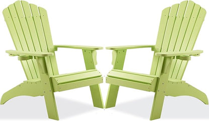 Psilvam Adirondack Chair, Oversized Poly Lumber Fire Pit Chair with Cup Holder, 350Lbs Support Patio Chairs for Garden, Weather Resistant Adirondack Chair Looks Like Real Wood (2, Green)