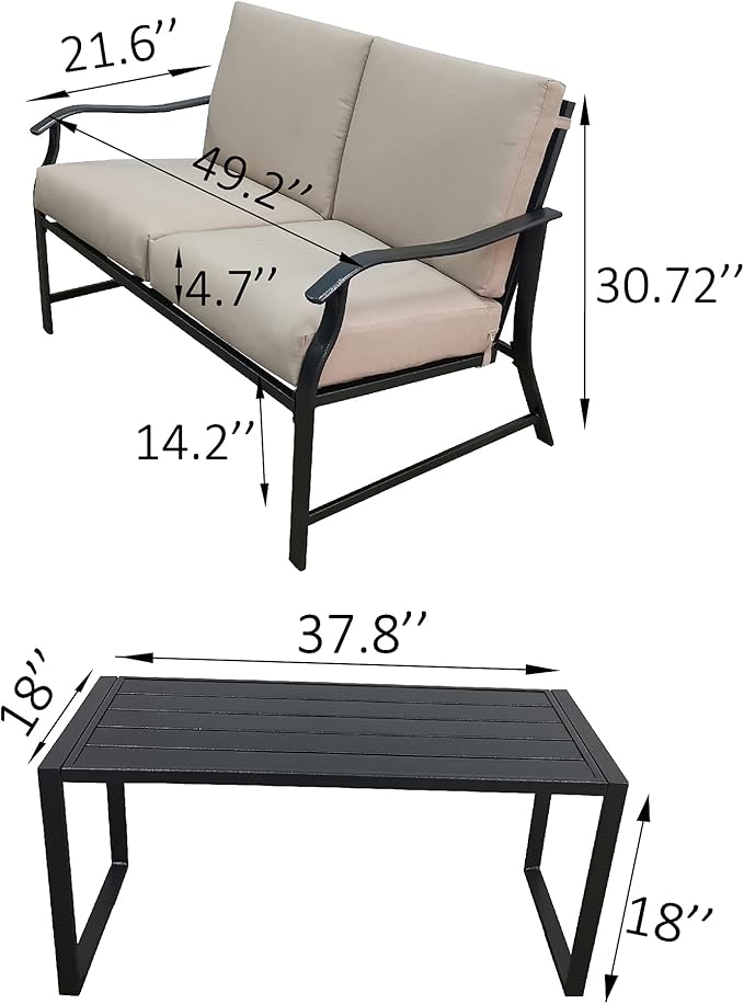 Homvent Outdoor Patio Furniture Love Seat And Coffee Table Set, Outdoor Bench Patio Loveseat Bench with Cushion and Metal Frame, Loveseat Furniture Set Sofa for Garden, Yard, Patio or Poolside (Beige)