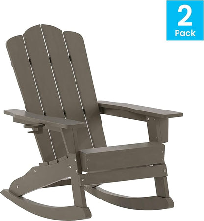 Flash Furniture Newport Adirondack Rocking Chairs with Cup Holder, Weather Resistant Poly Resin Adirondack Rocking Chairs, Set of 2, Brown