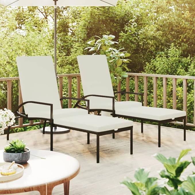 Sun Lounger Brown with Cream White Cushion Outdoor Recliner Poolside Lounger Relaxing Chair for Outdoor Garden - Photo 1