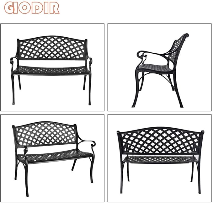 GIODIR Outdoor Patio Garden Bench All-Weather Cast Aluminum Loveseats Park Yard Furniture Porch Chair Work Entryway Decor w/Checkered Design (Black)