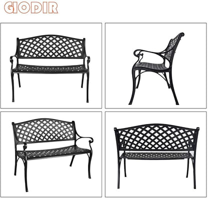 GIODIR Outdoor Patio Garden Bench All-Weather Cast Aluminum Loveseats Park Yard Furniture Porch Chair Work Entryway Decor w/Checkered Design (Black)
