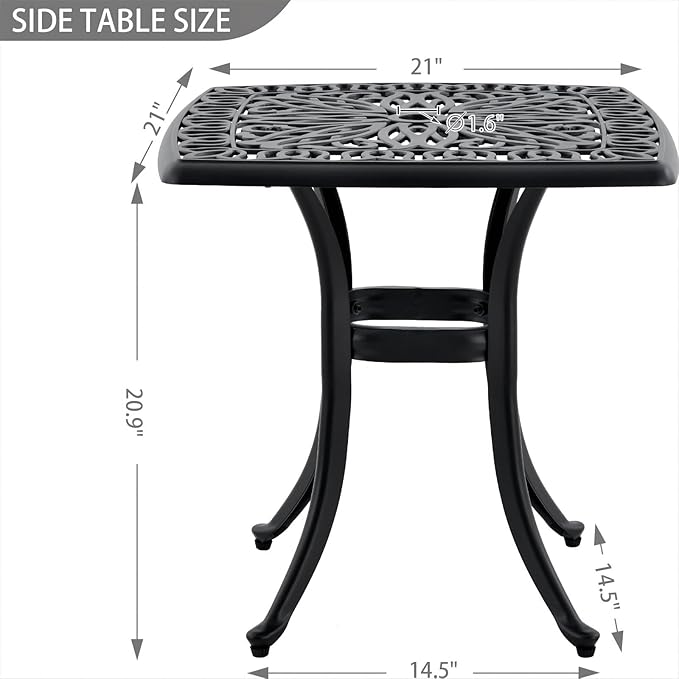 Outdoor 21" Cast Aluminum Square Side Table End Table for Patio, Backyard, Pool, Indoor Companion, Easy Maintenance and Weather Resistant, Black