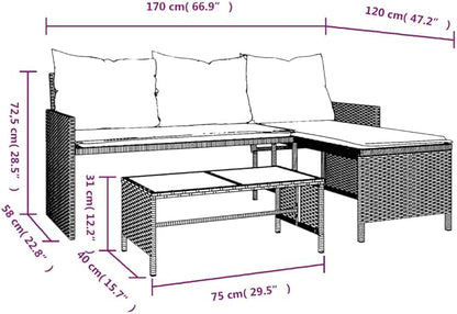 vidaXL Patio Garden Sofa Set L-Shaped Gray Poly Rattan with Table - Outdoor Seating with Washable Cushions for Deck, Terrace