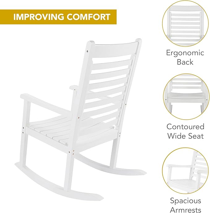 Shine Company Modern Wood Rocking Chair, Ergonomic Wide Seat Porch Rocker, White
