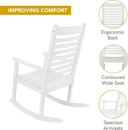 Shine Company Modern Wood Rocking Chair, Ergonomic Wide Seat Porch Rocker, White