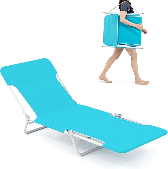 GYMAX Tanning Chair, 2Pcs Folding Beach Chairs with Adjustable Backrest, Footrest, 330lbs Capacity & Shoulder Strap, Portable Layout Sunbathing Loungers for Outside, Patio, Poolside (Turquoise)
