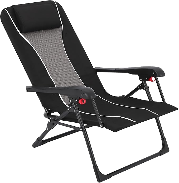 Folding Chaise Lounge Chair for Outdoor – Portable Reclining Camping Chair with Adjustable Backrest, Pillow & Breathable Fabric, Heavy-Duty 330 LBS Capacity, Sun Lounger for Beach, Patio, Garden