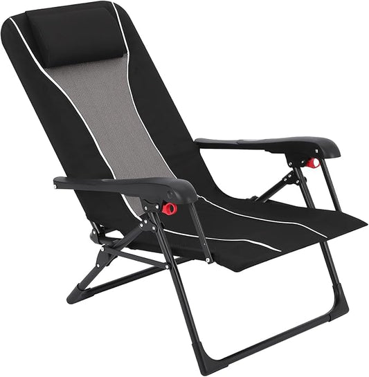 Folding Chaise Lounge Chair for Outdoor – Portable Reclining Camping Chair with Adjustable Backrest, Pillow & Breathable Fabric, Heavy-Duty 330 LBS Capacity, Sun Lounger for Beach, Patio, Garden