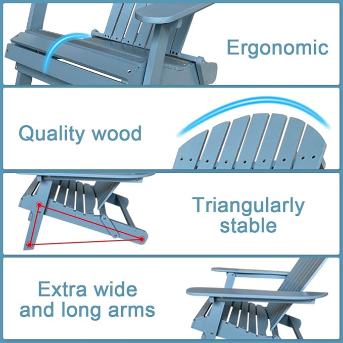 FDW Lawn Folding Adirondack Outdoor Patio Seating Fire Pit Wood Chairs for Adults Yard Garden w/Natural Finish, 27.7"D x 39"W x 32.5"H, Turquoise